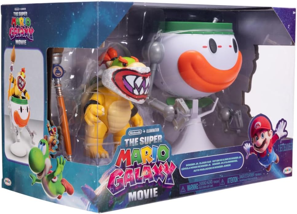 Jakks Pacific Super Mario Galaxy Movie Figura Bowser Jr. 5 Pulgadas con Clown Car, Máscara Exclusiva, Brazos de Golpe Activados por Botón, Stickers Revelables con Agua y Accesorios, +3 Años