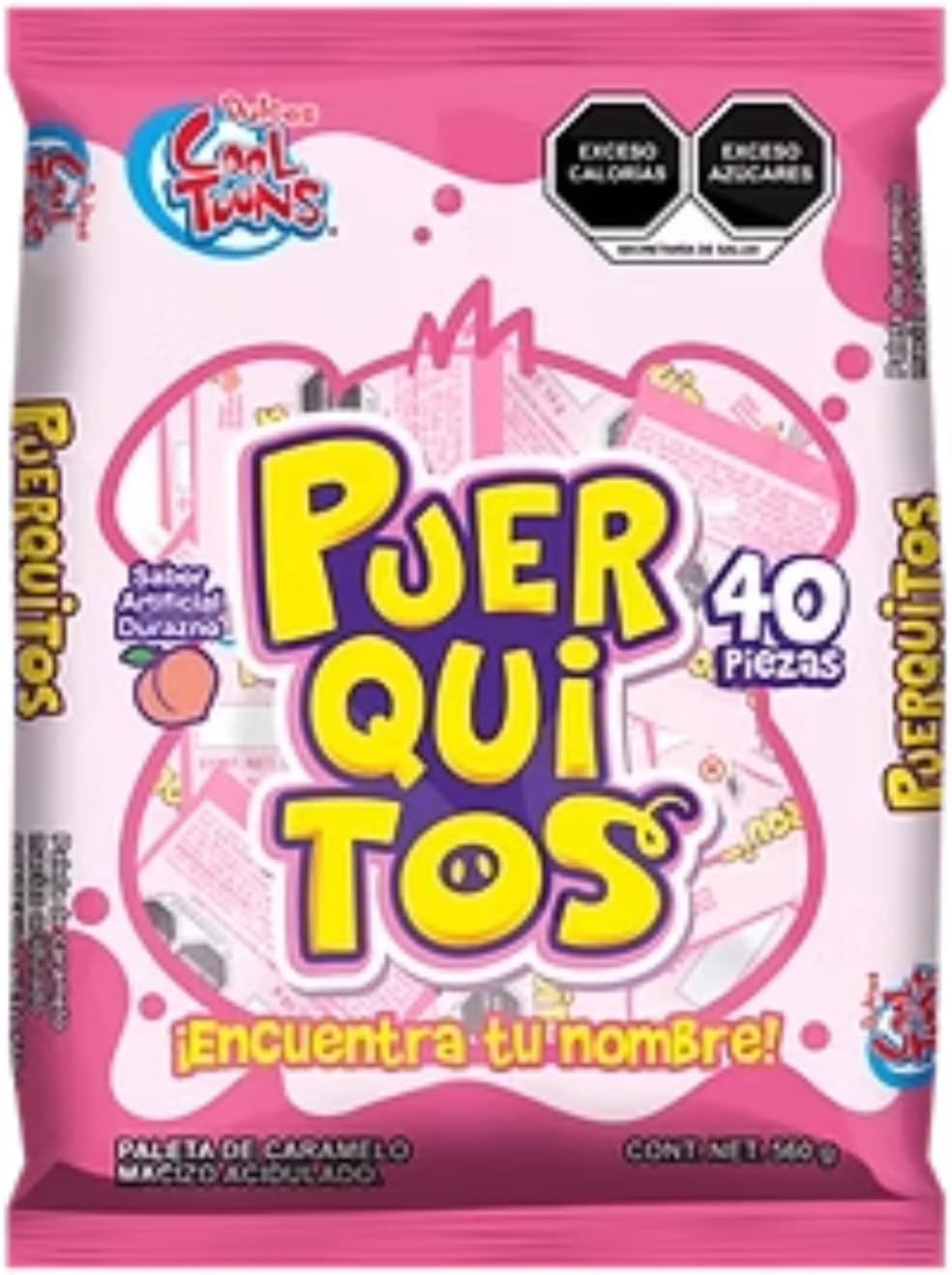 PUERQUITOS PALETA DULCE CARAMELO MACIZO ACIDULADO SABOR DURAZNO 14g. 40 PIEZAS /560 GRAMOS PAQUETE DE 2 BOLSAS