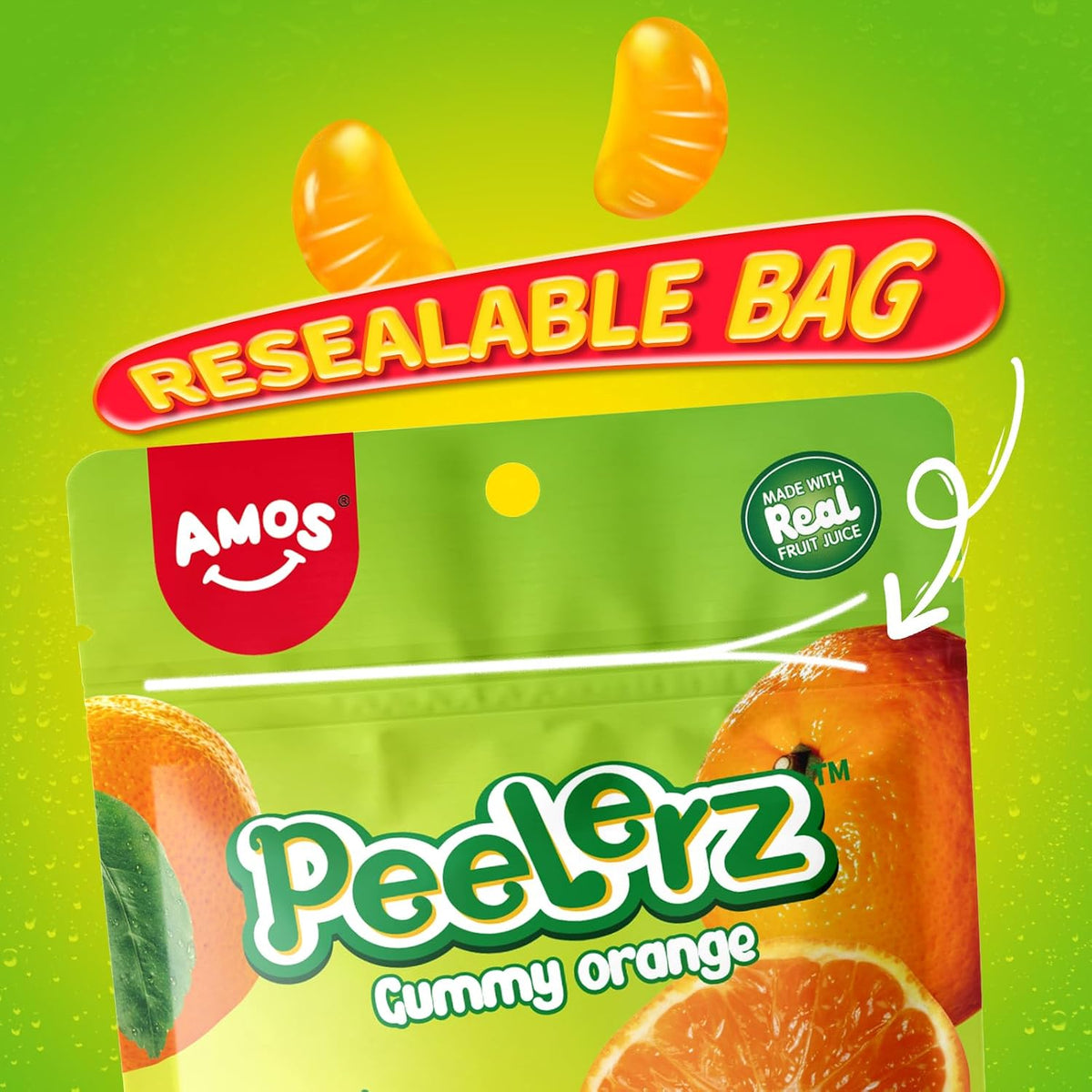 Amos Caramelos de Naranja Gomosos Pelables 4D, Gomitas de Peelerz, Bocadillos de Frutas, Bolsa Resellable D