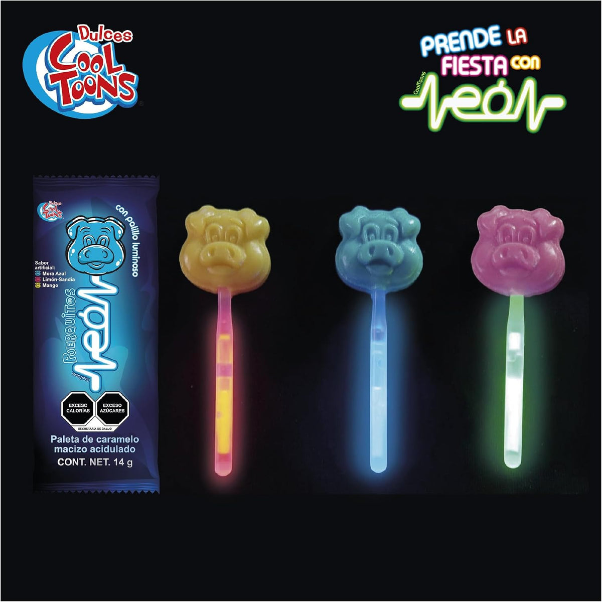 Dulces Cool Toons - Puerquitos Neón. Paquete 2 cajas (24 Paletas 14 g c/caja). Paleta de Caramelo Macizo con forma de puerquito y palillo luminoso que brilla en la oscuridad. Glow Stick.