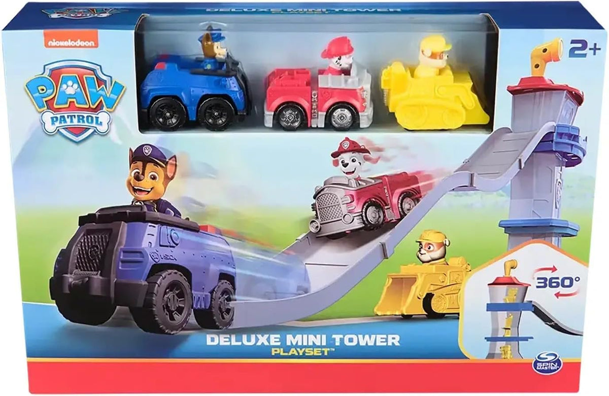 Paw Patrol Quartier Generale Deluxe Mini Tower - Pista de Carreras de 3 Figuras con vehículos, Chase, Marshall y Rubble, a Partir de 2 años, Multicolor