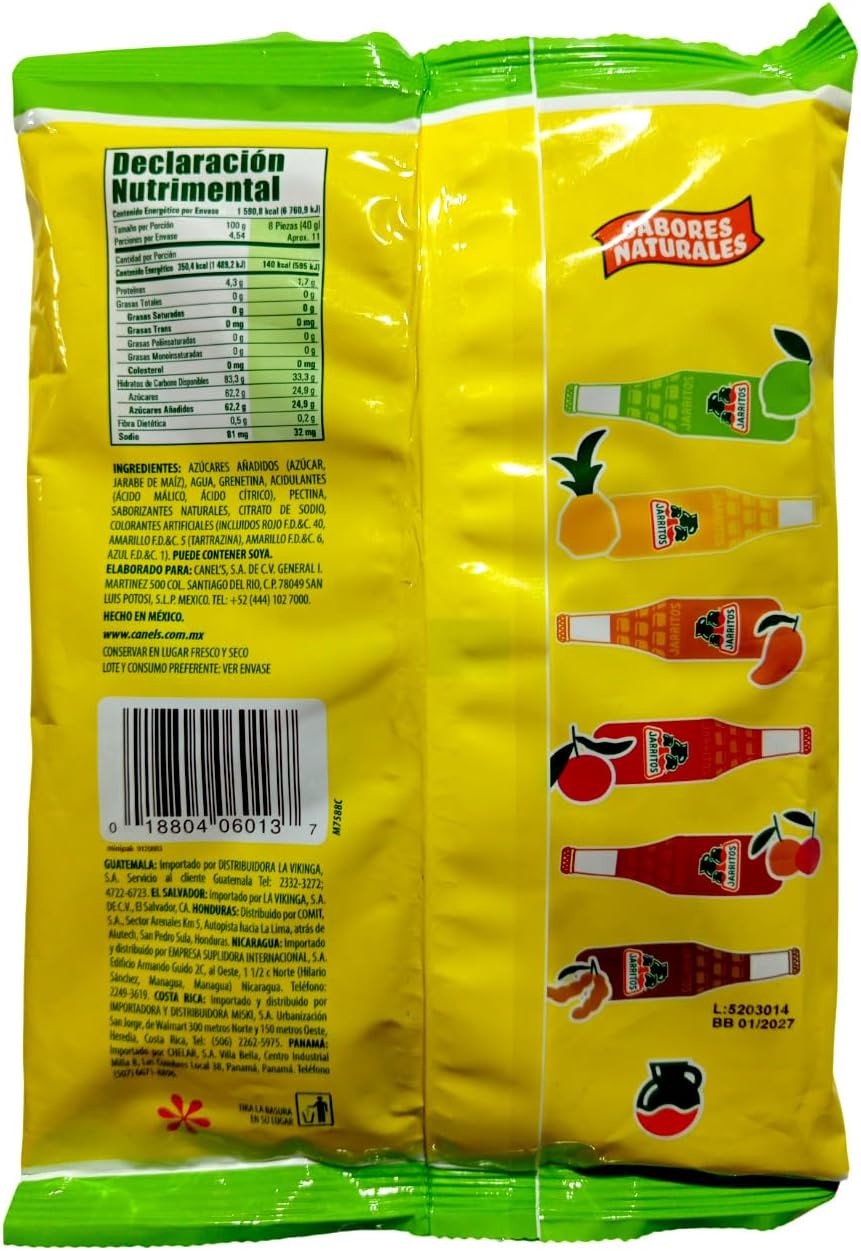 Canel´s Jarritos Gomitas Azucaradas, Aciduladas Sabores Tamarindo, Mandarina, Limón, Tutti - Frutti, Piña y Mango cont. Neto bolsa de 454gr