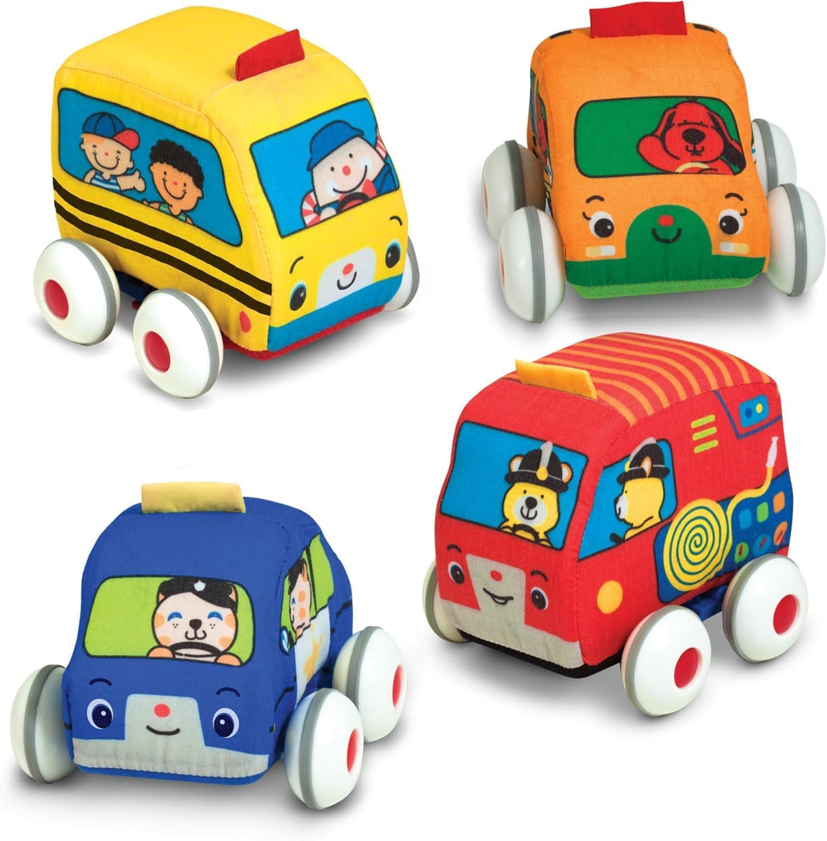 Melissa & Doug K's Kids Conjunto de vehículos con función de propulsión, Conjunto de Juguetes Blandos para bebés con 4 Coches y Camiones, y una Bolsa de Transporte