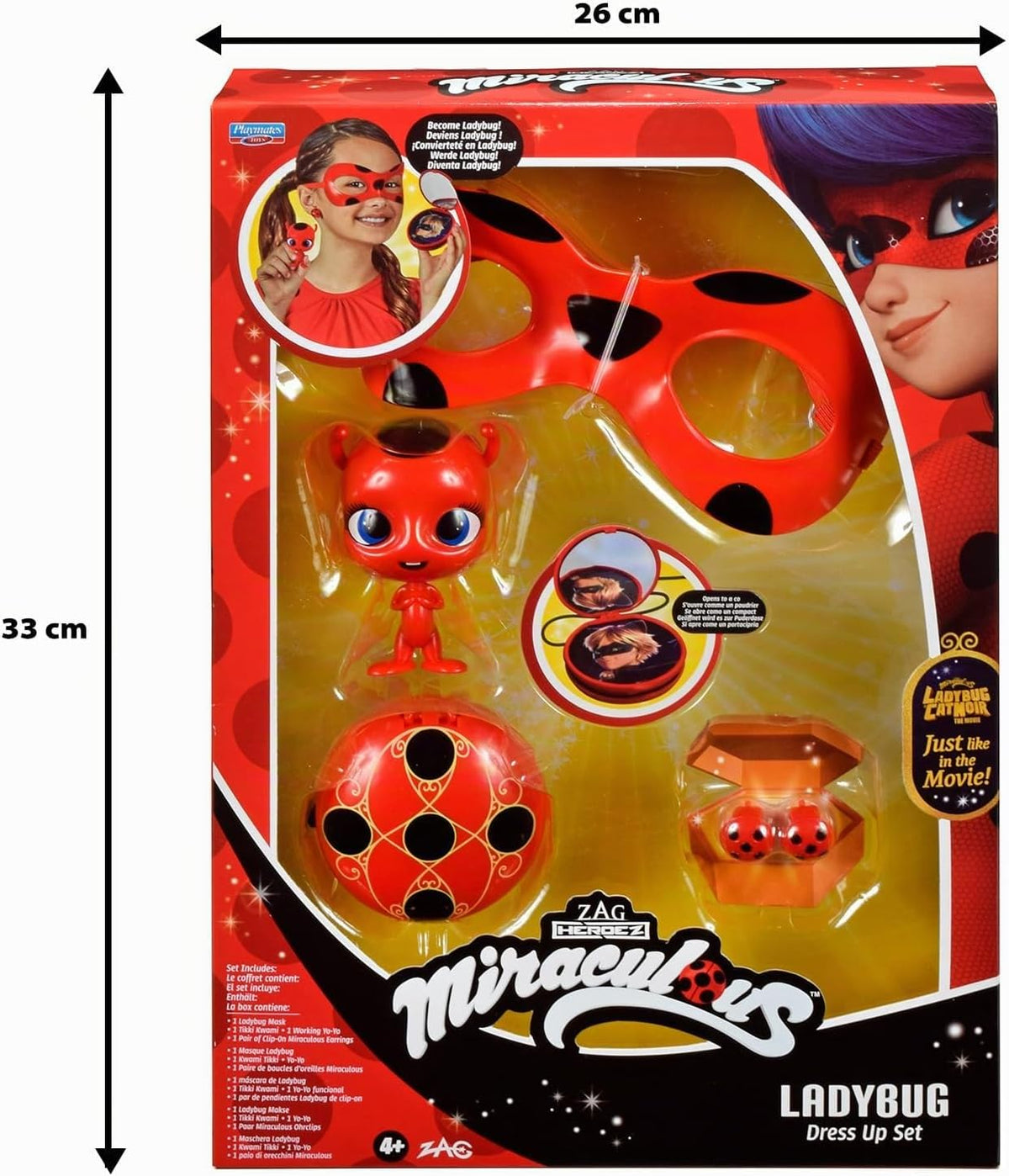 Bandai - Miraculous Ladybug - Kit de transformación - Disfraz de Ladybug - Caja Jojo Máscara Tikki Pendientes Kwami - Disfraz y Accesorios Miraculous - Juguetes para niños a Partir de 4 años - P50604