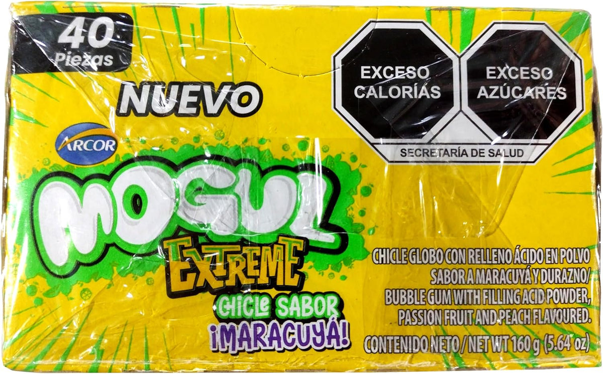 Arcor Mogul Extreme Maracuyá - Chicle globo con relleno ácido en polvo sabor maracuyá y durazno - 40 piezas - 160 g