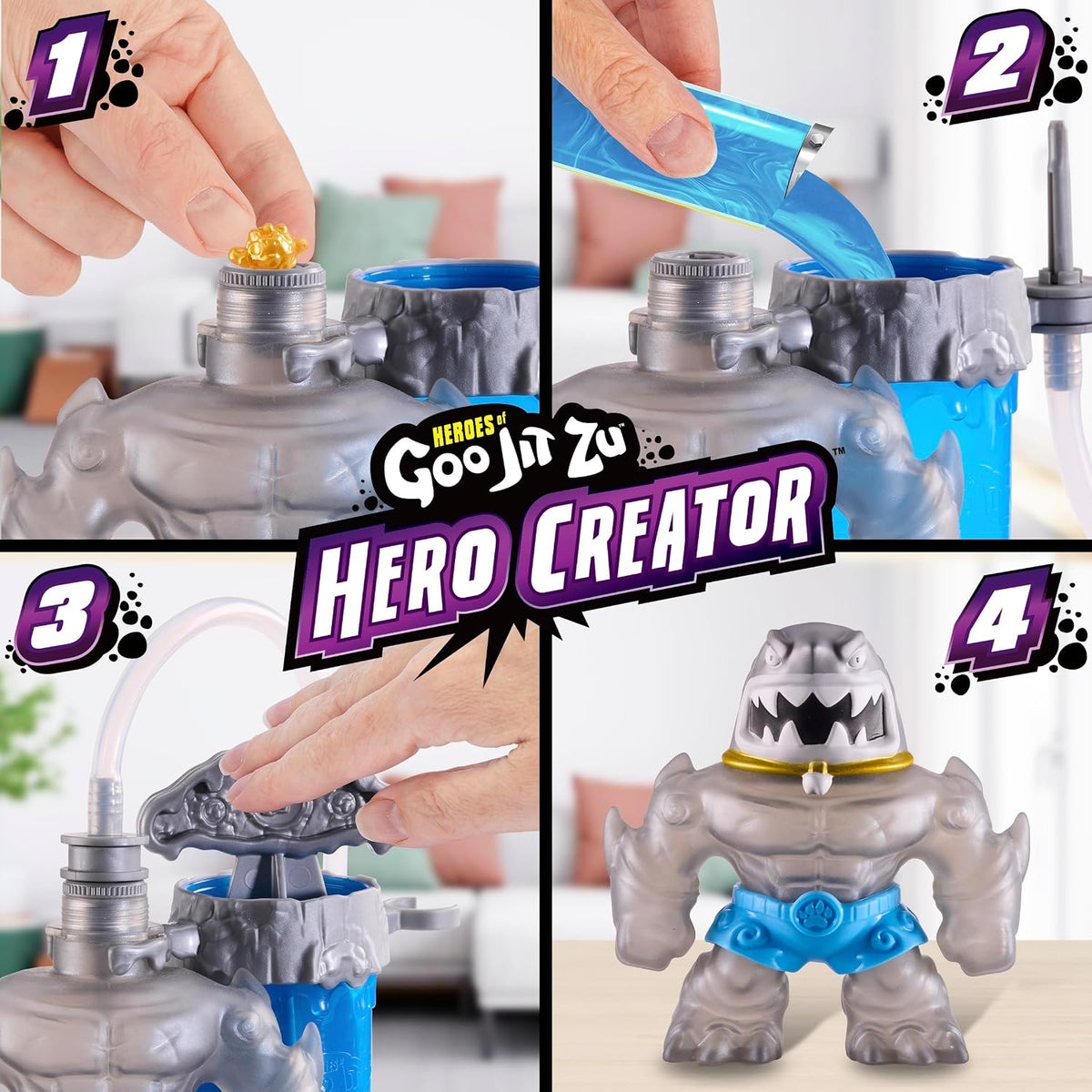 Heroes of Goo JIT Zu Hero Creator Thrash, con 3 Rellenos Goo únicos, Mezcla, Llena y CREA tu Propia Figura Extensible