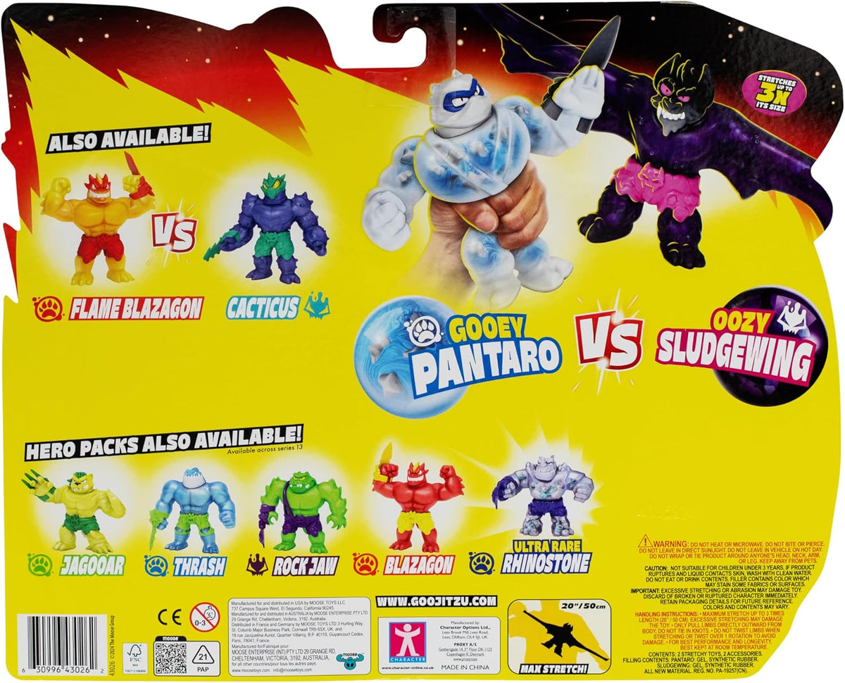 Heroes of Goo Jit Zu Goojitzu - Meteor Madness Pantaroo vs Sludgewing - Pack de 2 Figuras Elásticas con Accesorios - Muñecos Estirables para Niños - Ideal para Regalo