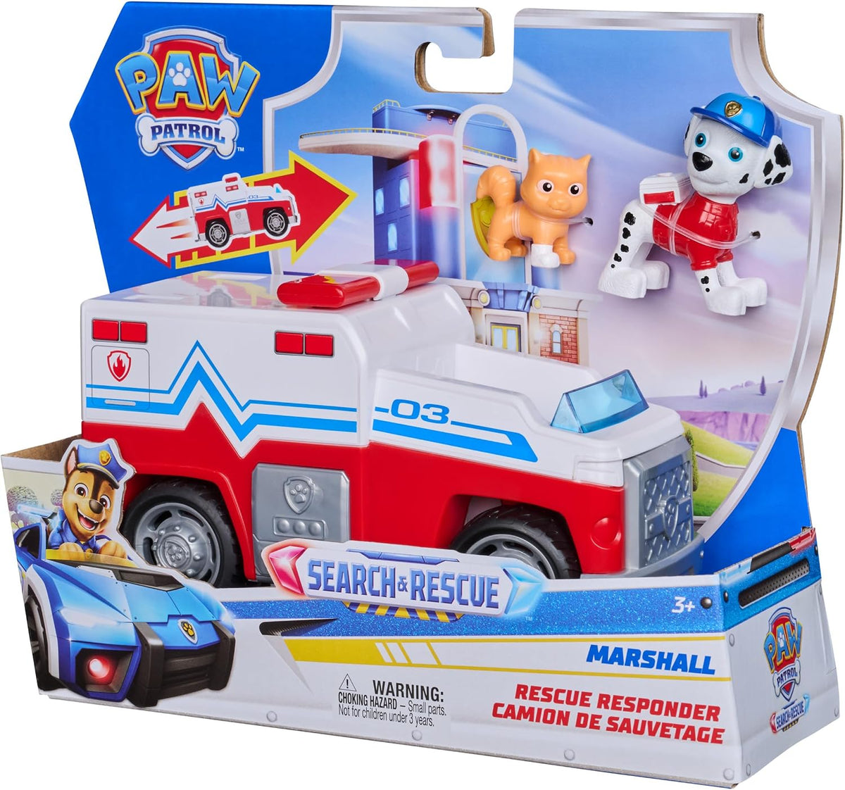 Paw Patrol: Search & Rescue, vehículo de Rescate de Marshall con 2 Figuras, camión de Juguete con función de propulsión, Juguetes para niños y niñas a Partir de 3 años