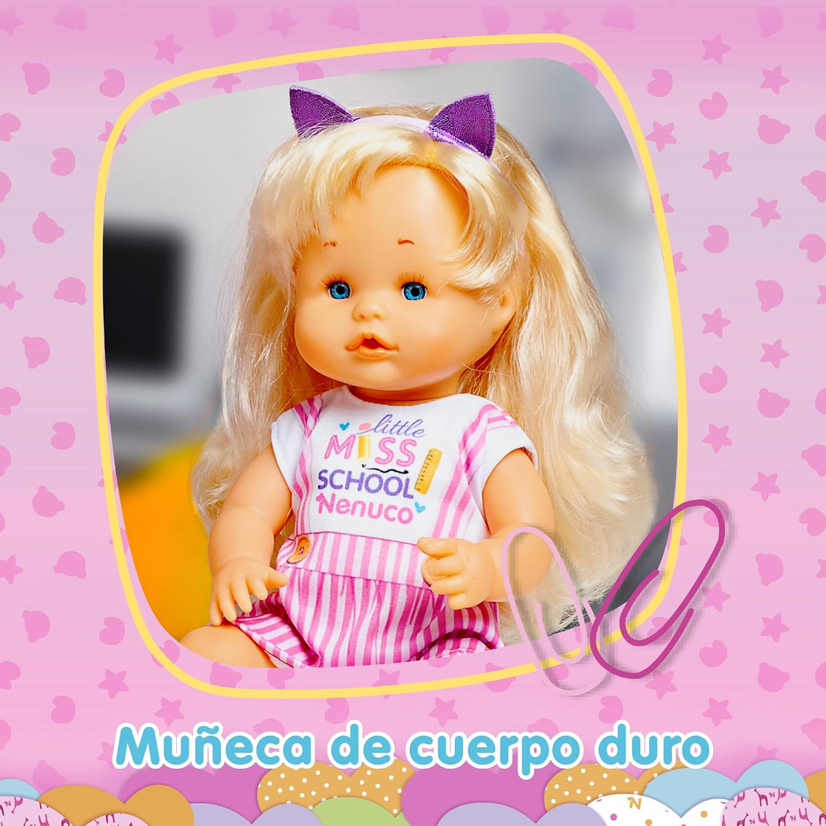 Nenuco - Peinaditos para el Cole, muñeco bebé Cuerpo Duro de 35 cm, de Pelo Rubio y Largo, para hacerle Peinados Diferentes, Muchos Accesorios como trenzador, Desde 2 años, Famosa