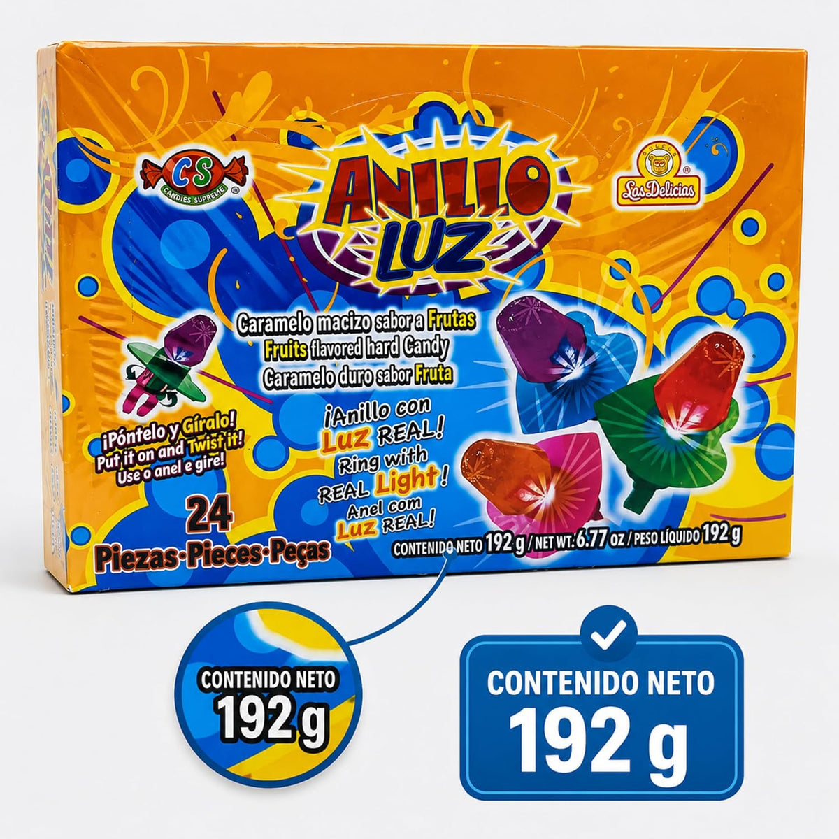 Anillo Luz 24 piezas, Caramelo Sabores Surtidos, Las Delicias.