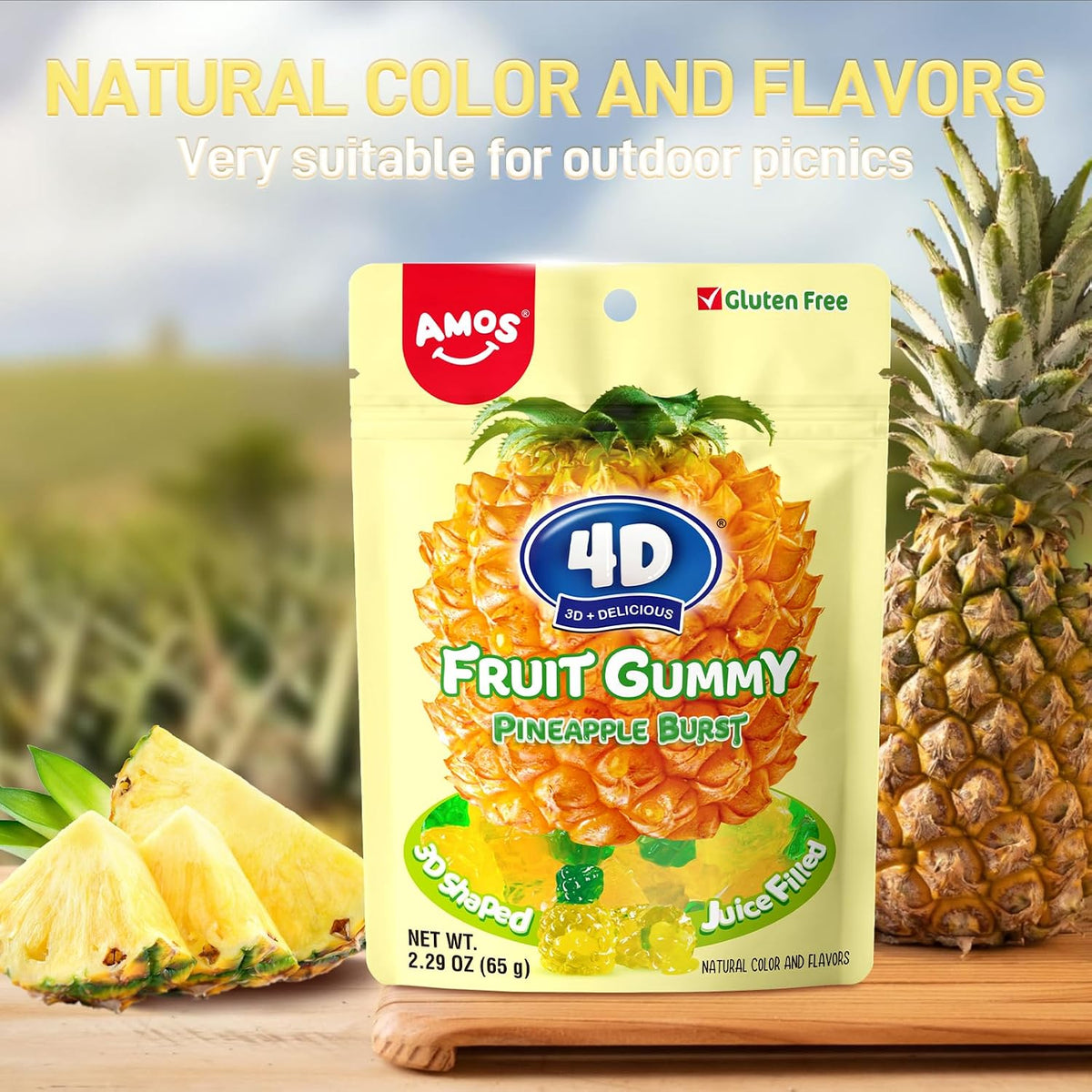 Amos Gomitas de Frutas en 4D, Gomitas de Frutas, Bocadillos de Piña, Bolsa Resellable de 2,29 Oz, Sabor Natural, C 2,29 Onzas (Paquete de 3)