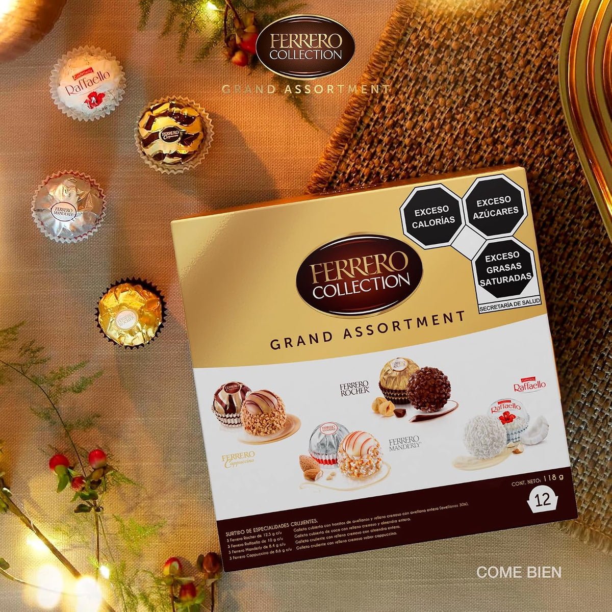 Ferrero Rocher Grand Assortment 118 g | Surtido de 12 Pralinas Premium con Rocher, Raffaello, Manderly y Cappuccino | Regalo Elegante Navidad