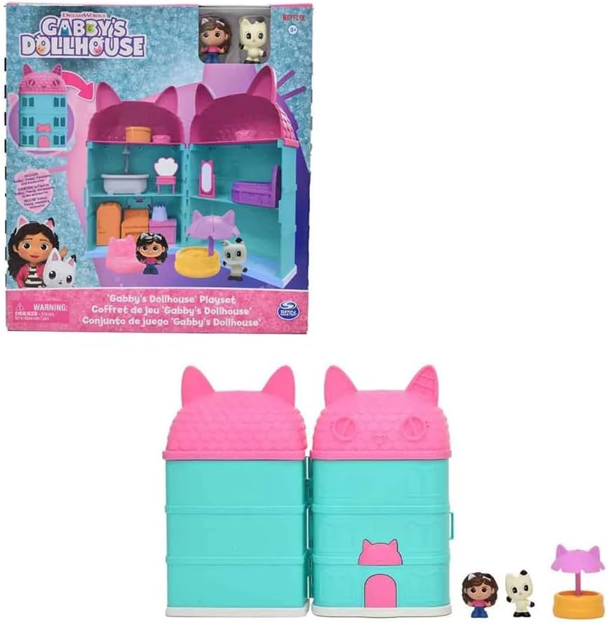 Spin Master DreamWorks Gabby's Dollhouse, Casa de Muñecas con Figuras y Accesorios, Set de Juego de Netflix, Casa con Diseño de Gato en Turquesa y Rosa