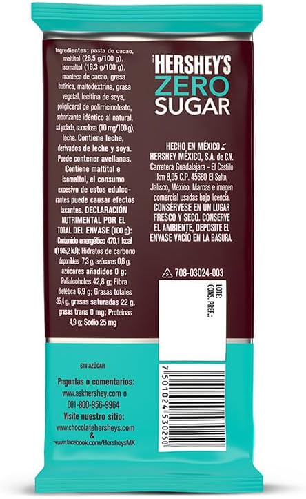 HERSHEY´S – Zero Sugar, Barra de Chocolate Sin Azúcar 100 g, Chocolate Oscuro Premium, Endulzado Sin Azúcar Añadida, Ideal para Regalo, Snack Saludable, Opción Baja en Azúcar y Sin Culpa