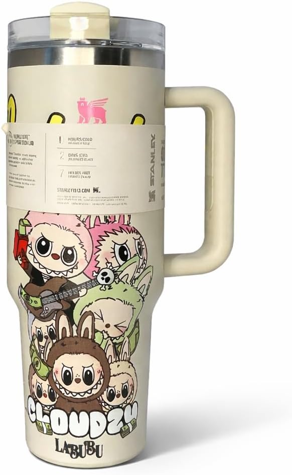 Generico Termo de Agua con Asa, 40 oz, 1.18 L, Color Crema con Diseño de Criaturas de Fantasia, Edicion Especial