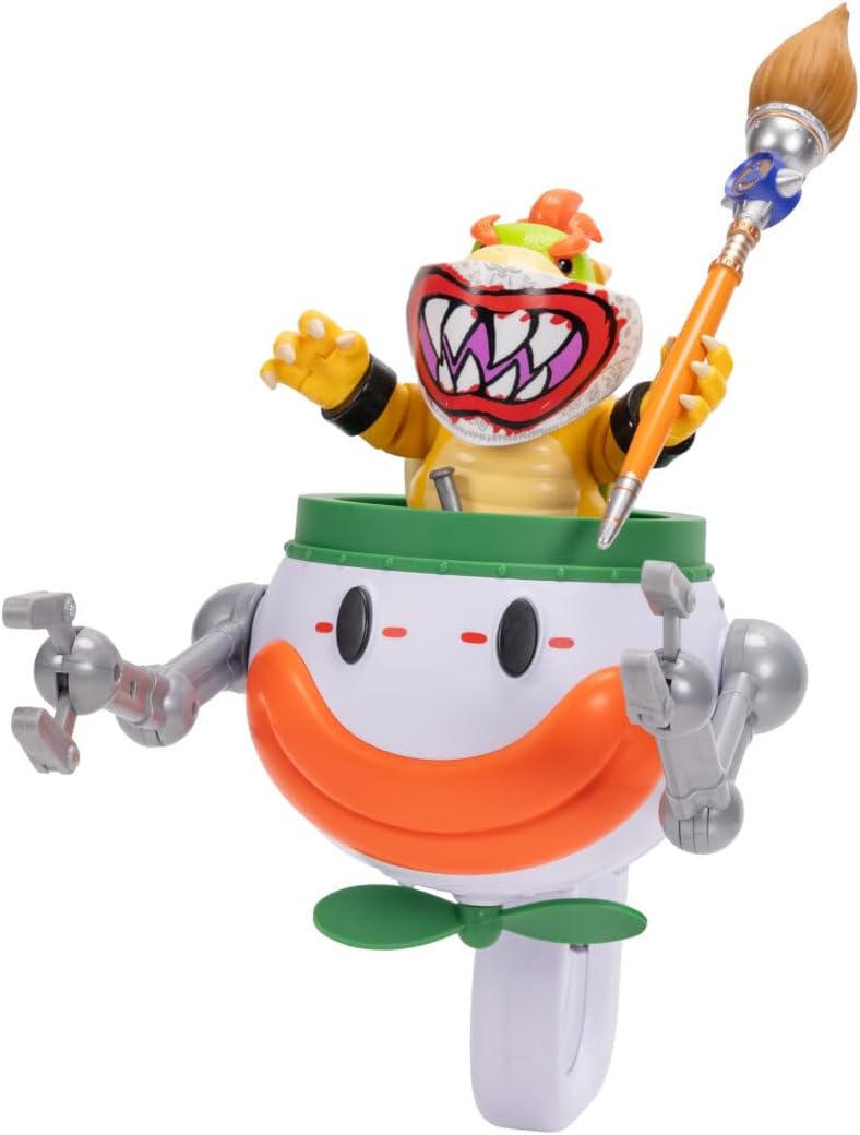 Jakks Pacific Super Mario Galaxy Movie Figura Bowser Jr. 5 Pulgadas con Clown Car, Máscara Exclusiva, Brazos de Golpe Activados por Botón, Stickers Revelables con Agua y Accesorios, +3 Años