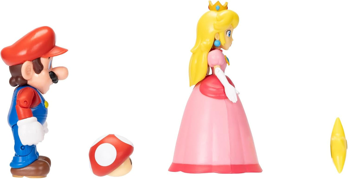 Jakks Pacific Set de Figuras Super Mario Bros, Mario y Princesa Peach 4", 2 Figuras con Accesorios