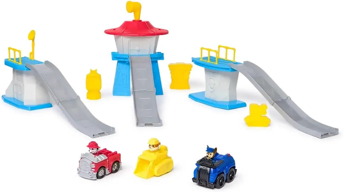 Paw Patrol Quartier Generale Deluxe Mini Tower - Pista de Carreras de 3 Figuras con vehículos, Chase, Marshall y Rubble, a Partir de 2 años, Multicolor