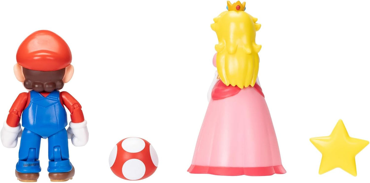 Jakks Pacific Set de Figuras Super Mario Bros, Mario y Princesa Peach 4", 2 Figuras con Accesorios