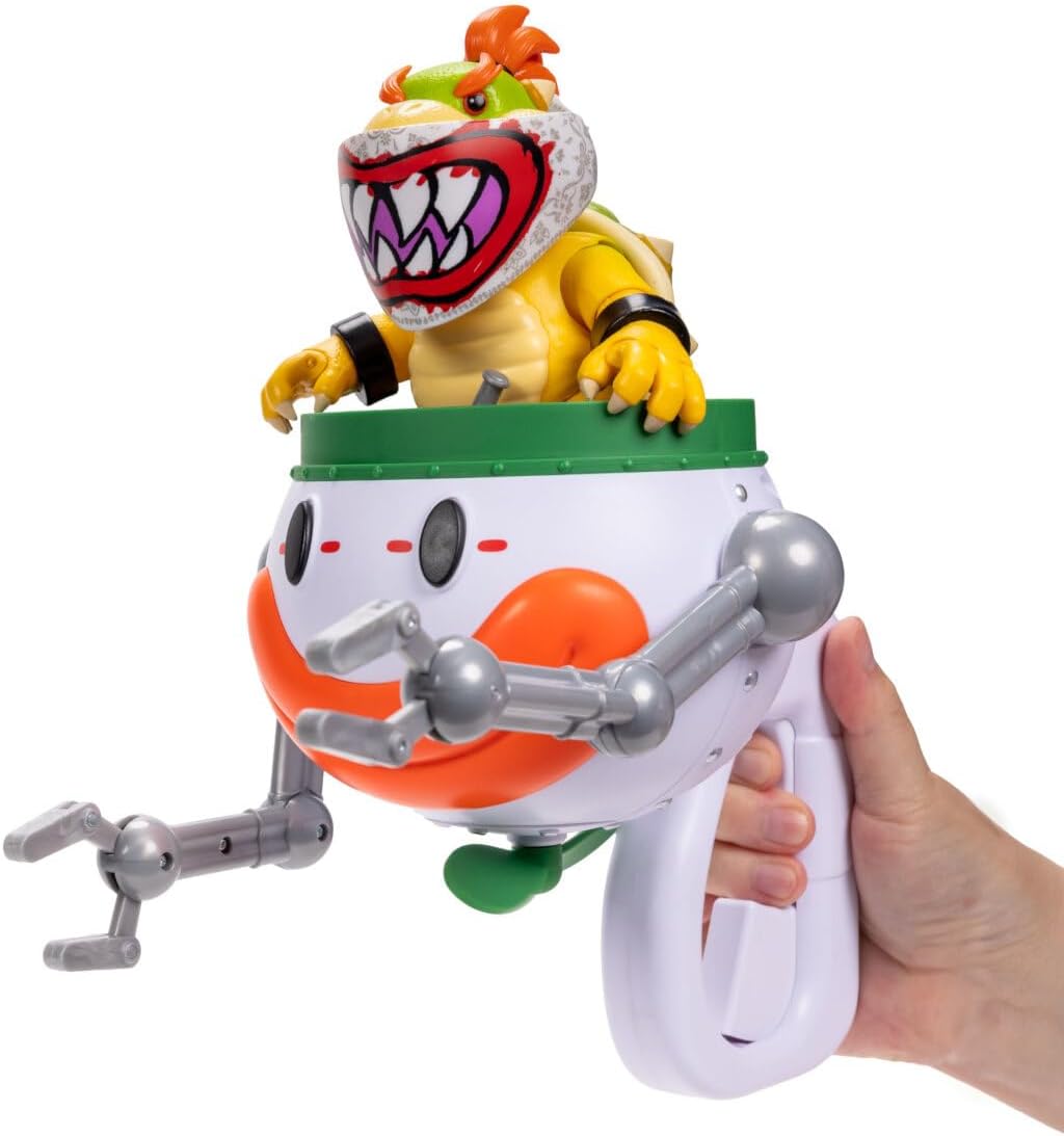 Jakks Pacific Super Mario Galaxy Movie Figura Bowser Jr. 5 Pulgadas con Clown Car, Máscara Exclusiva, Brazos de Golpe Activados por Botón, Stickers Revelables con Agua y Accesorios, +3 Años