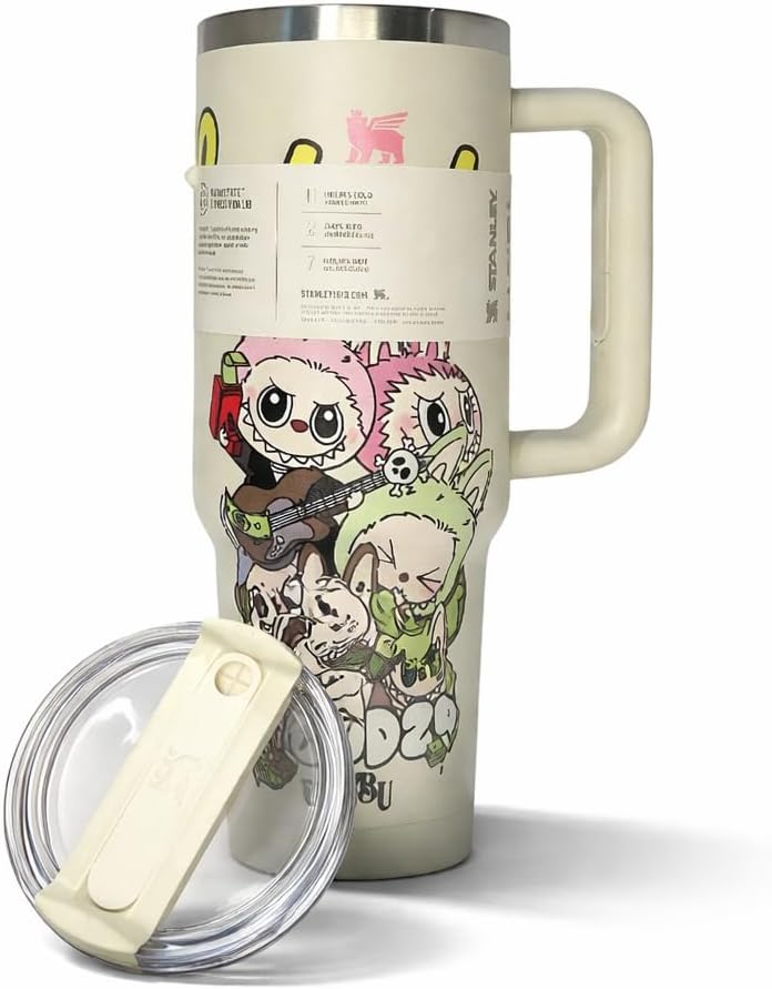 Generico Termo de Agua con Asa, 40 oz, 1.18 L, Color Crema con Diseño de Criaturas de Fantasia, Edicion Especial