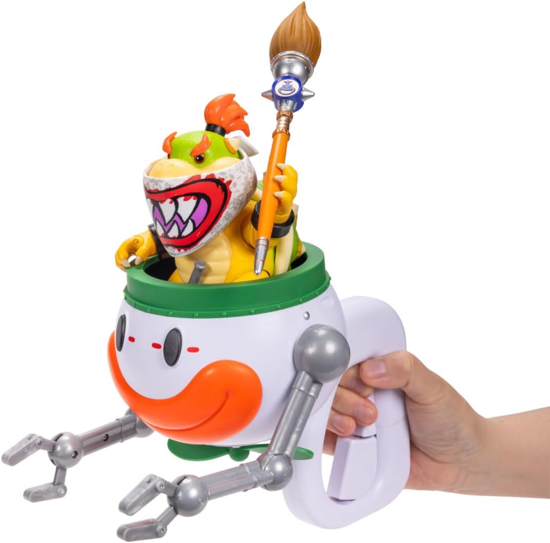 Jakks Pacific Super Mario Galaxy Movie Figura Bowser Jr. 5 Pulgadas con Clown Car, Máscara Exclusiva, Brazos de Golpe Activados por Botón, Stickers Revelables con Agua y Accesorios, +3 Años