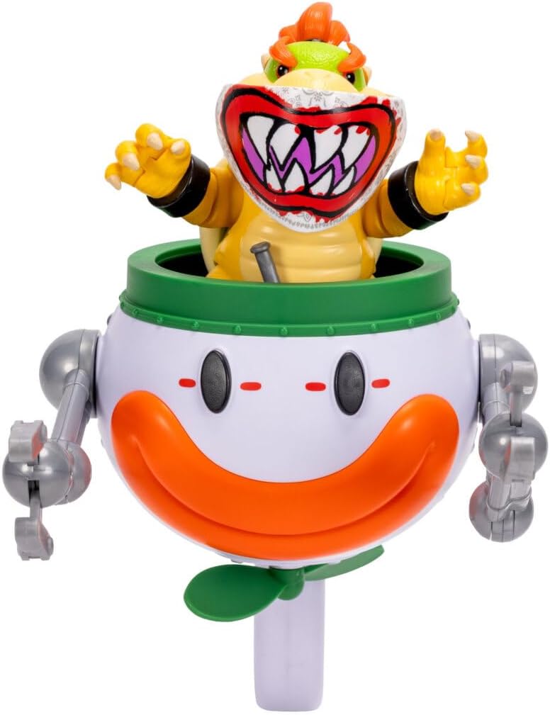 Jakks Pacific Super Mario Galaxy Movie Figura Bowser Jr. 5 Pulgadas con Clown Car, Máscara Exclusiva, Brazos de Golpe Activados por Botón, Stickers Revelables con Agua y Accesorios, +3 Años