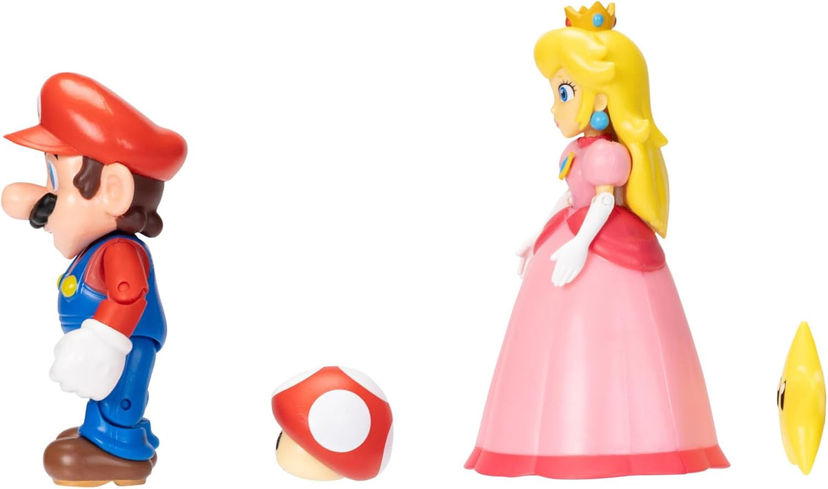 Jakks Pacific Set de Figuras Super Mario Bros, Mario y Princesa Peach 4", 2 Figuras con Accesorios