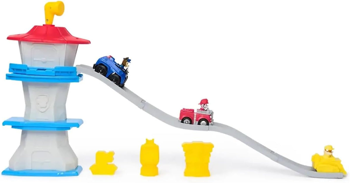 Paw Patrol Quartier Generale Deluxe Mini Tower - Pista de Carreras de 3 Figuras con vehículos, Chase, Marshall y Rubble, a Partir de 2 años, Multicolor