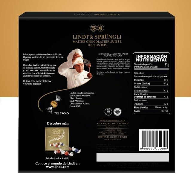 Lindt Lindor, Chocolate Amargo Premium 70% Cacao, Trufas con Relleno Cremoso, Caja de 168g