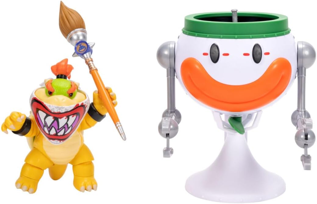 Jakks Pacific Super Mario Galaxy Movie Figura Bowser Jr. 5 Pulgadas con Clown Car, Máscara Exclusiva, Brazos de Golpe Activados por Botón, Stickers Revelables con Agua y Accesorios, +3 Años