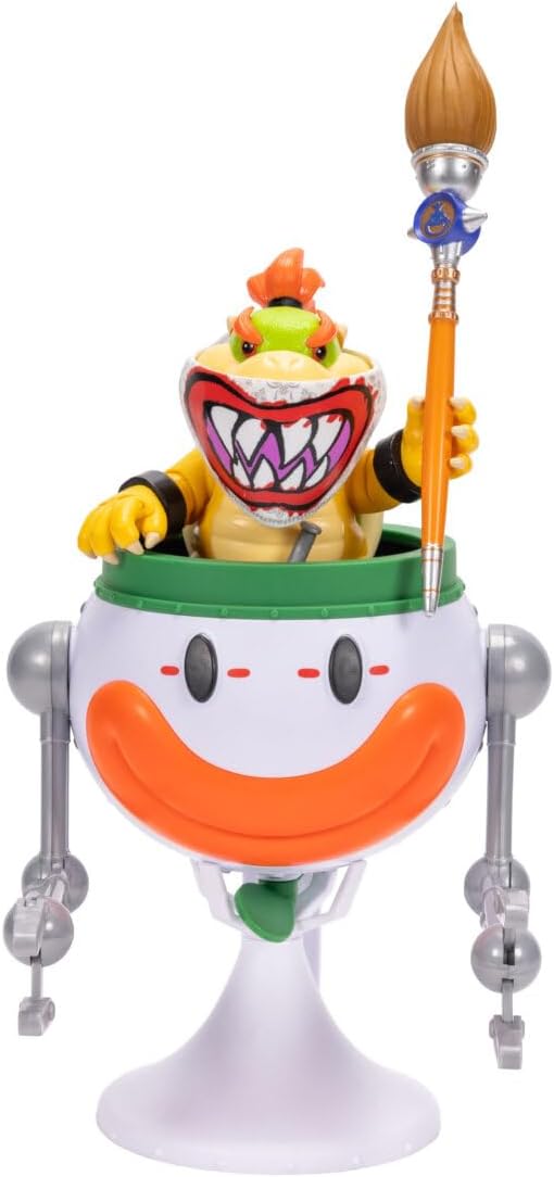 Jakks Pacific Super Mario Galaxy Movie Figura Bowser Jr. 5 Pulgadas con Clown Car, Máscara Exclusiva, Brazos de Golpe Activados por Botón, Stickers Revelables con Agua y Accesorios, +3 Años
