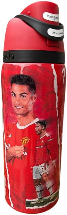 Genérico Botella de Agua Deportiva, Manchester Diablos Rojos United, Rojo, con Tapa con Boton, Diseño del Equipo Red Devils, Diseño del Jugador C7R, Termo