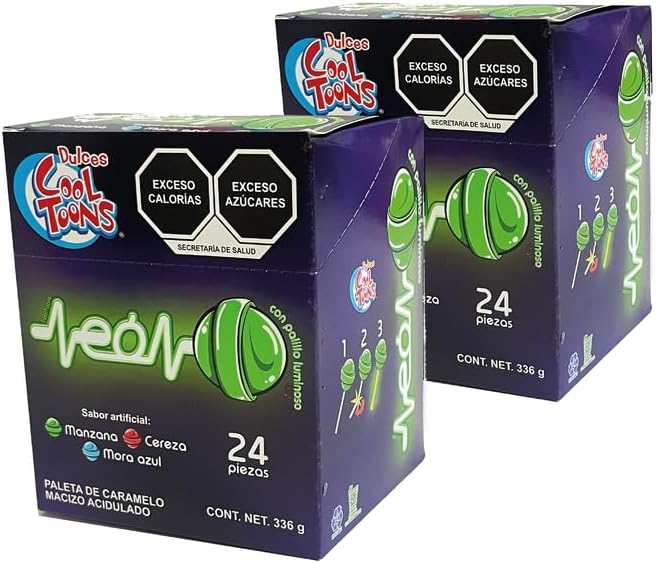 Paleta Cool Toons Neón , Paquete 2 cajas (24 Paletas 14grs - c/caja). Paleta de Caramelo Macizo con forma de bola sabor Cereza, Mora azul, Manzana, con palillo luminosos que brilla en la oscuridad, estilo laser. paleta del antro