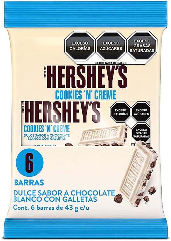 HERSHEY´S - Barras Cookies 'N' Cream, Especial,Chocolate con Leche, Tableta de Dulce sabor Chocolate, Especial para Regalo, Pack 6, 6x43 g