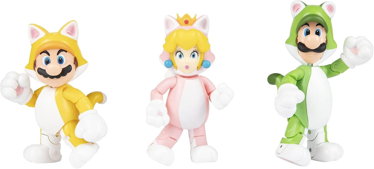 Jakks Pacific Set de Figuras Super Mario 3D World, Cat Mario, Cat Luigi y Cat Peach 4"
