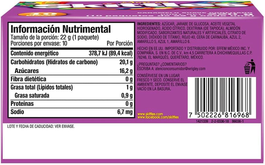 Skittles dulces caramelo suave moras 10 piezas de 22g - 220g