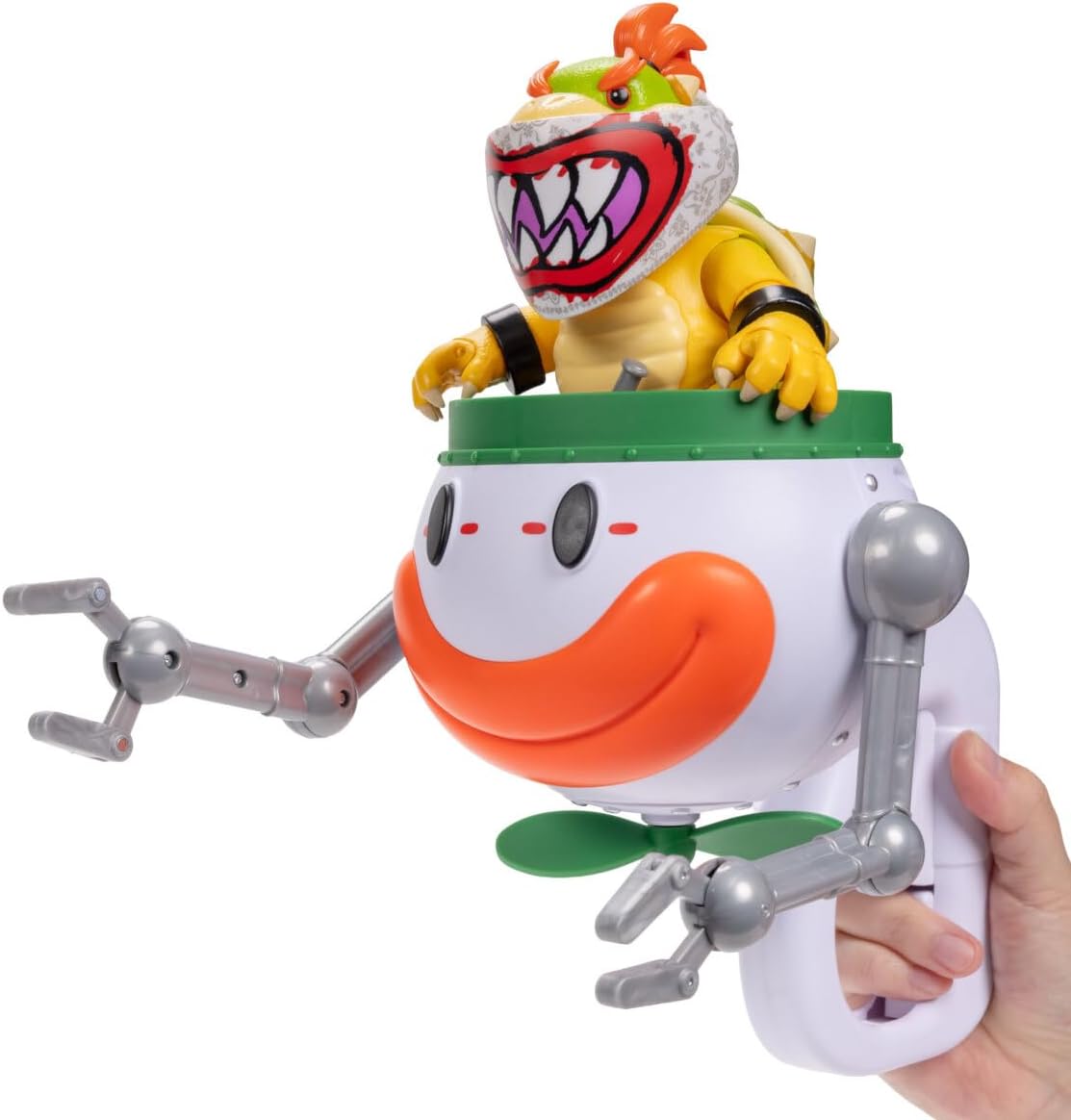 Jakks Pacific Super Mario Galaxy Movie Figura Bowser Jr. 5 Pulgadas con Clown Car, Máscara Exclusiva, Brazos de Golpe Activados por Botón, Stickers Revelables con Agua y Accesorios, +3 Años