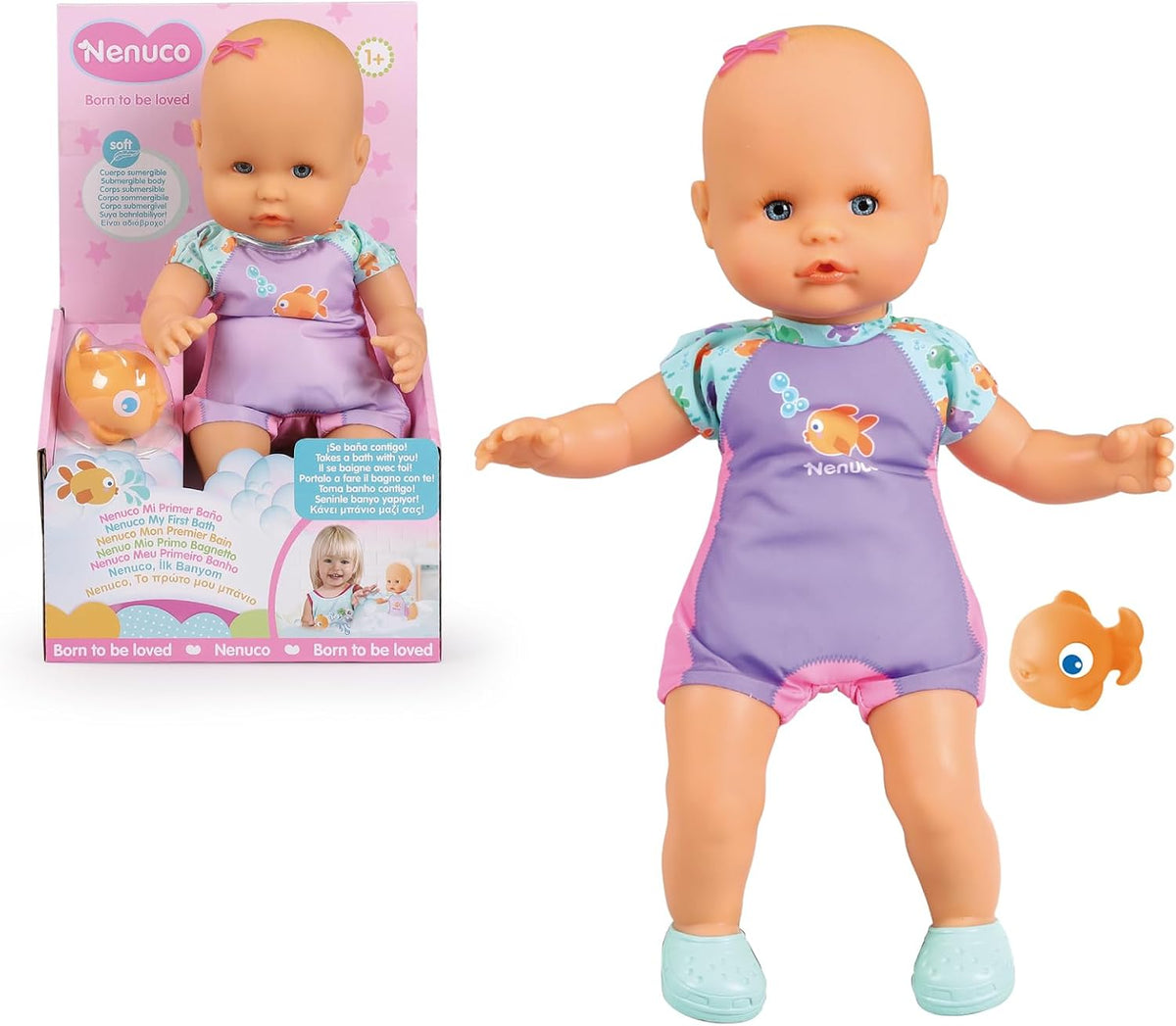 Nenuco Mi Primer baño, una muñeca Suave con Cuerpo Impermeable, se Puede Llevar en la bañera, la Piscina y el mar. Incluye Traje de baño y un pez pequeño Que se coloca en el Agua
