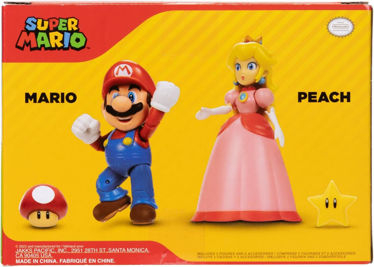 Jakks Pacific Set de Figuras Super Mario Bros, Mario y Princesa Peach 4", 2 Figuras con Accesorios