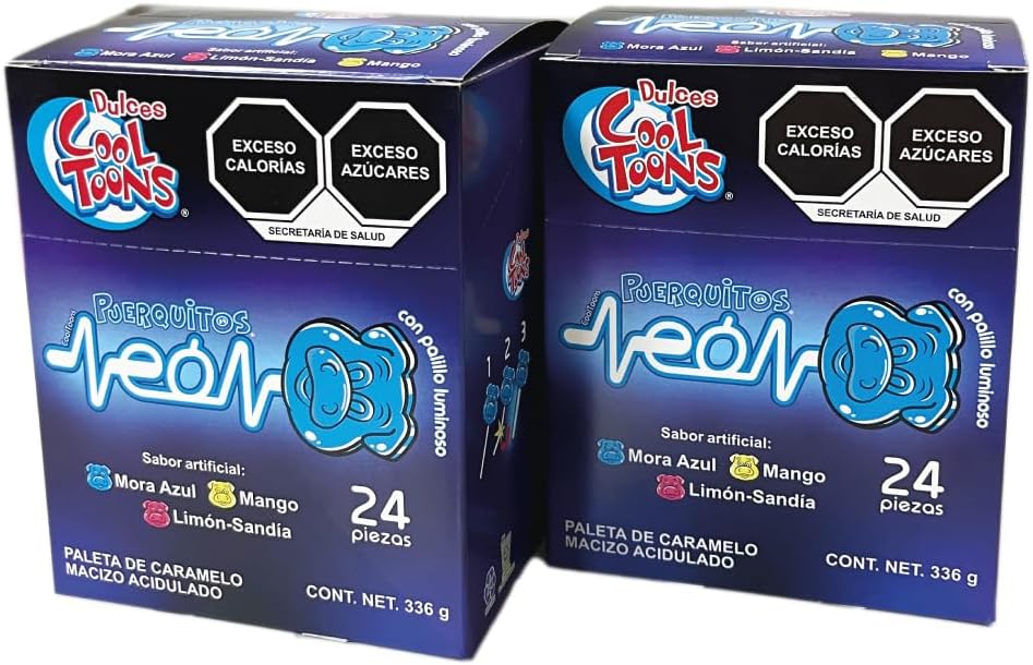 Dulces Cool Toons - Puerquitos Neón. Paquete 2 cajas (24 Paletas 14 g c/caja). Paleta de Caramelo Macizo con forma de puerquito y palillo luminoso que brilla en la oscuridad. Glow Stick.