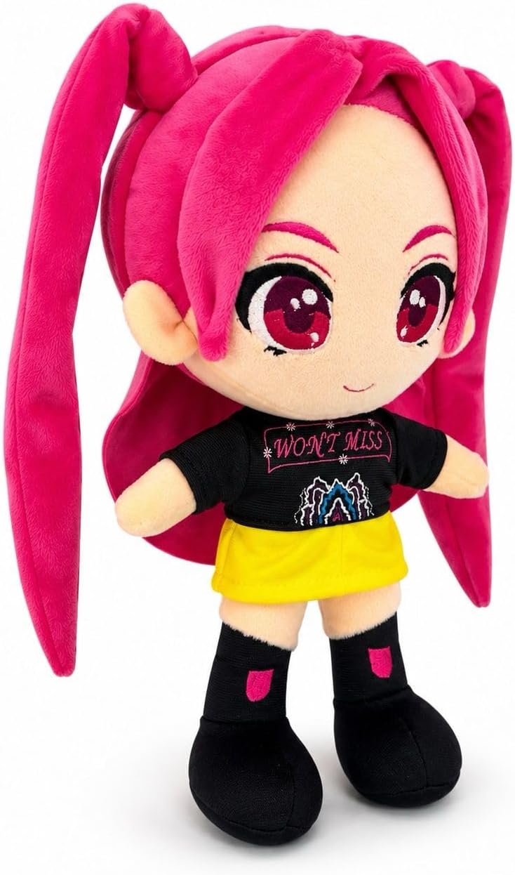 Muñeca Guerrera Rosa de Peluche Anime K-pop con Cabello Rosa y Coletas