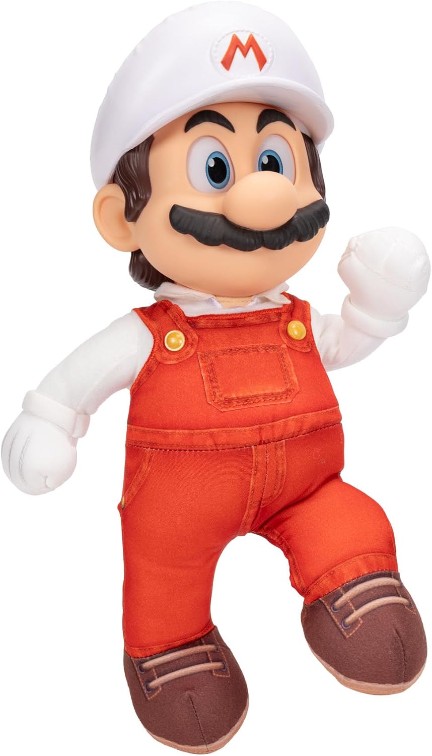 Jakks Pacific Super Mario Galaxy Movie Peluche Fire Mario Articulable 14 Pulgadas con Ojos Acrílicos, Edición Coleccionable, +3 Años