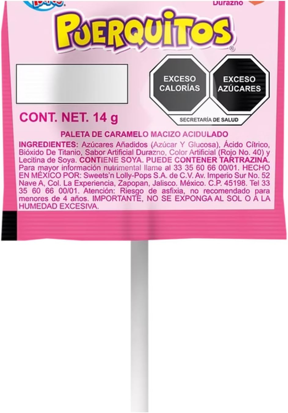 PUERQUITOS PALETA DULCE CARAMELO MACIZO ACIDULADO SABOR DURAZNO 14g. 40 PIEZAS /560 GRAMOS PAQUETE DE 2 BOLSAS
