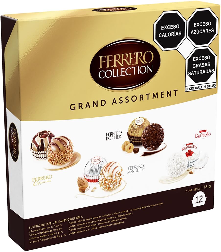Ferrero Rocher Grand Assortment 118 g | Surtido de 12 Pralinas Premium con Rocher, Raffaello, Manderly y Cappuccino | Regalo Elegante Navidad