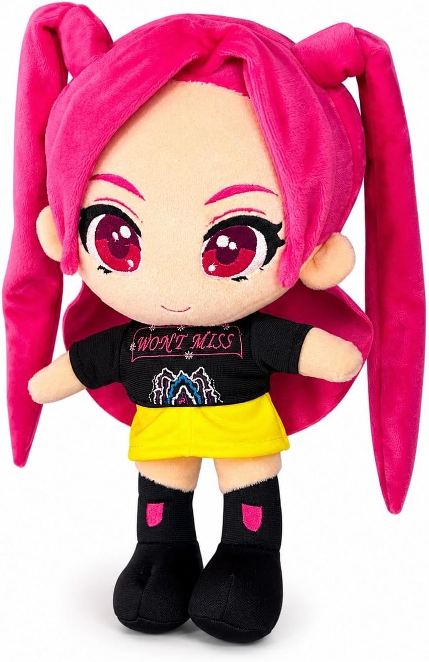 Muñeca Guerrera Rosa de Peluche Anime K-pop con Cabello Rosa y Coletas