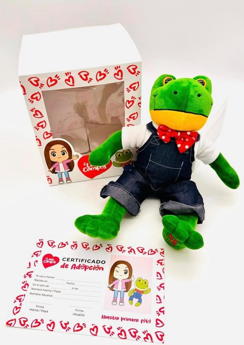 Genérico Peluche de Rana Verde Rhenne, con Overol de Mezclilla y Moño Rojo, Incluye Caja Representativa, Certificado de Adopción y Stickers