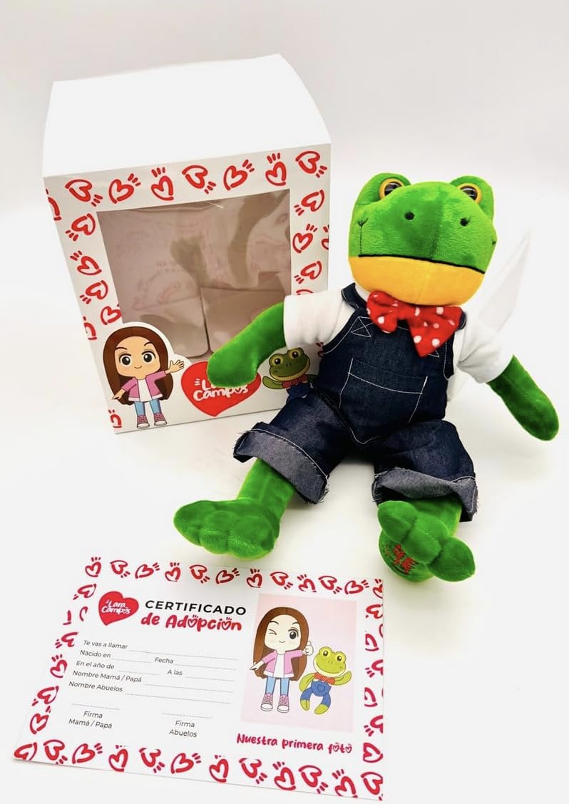 Genérico Peluche de Rana Verde Rhenne, con Overol de Mezclilla y Moño Rojo, Incluye Caja Representativa, Certificado de Adopc