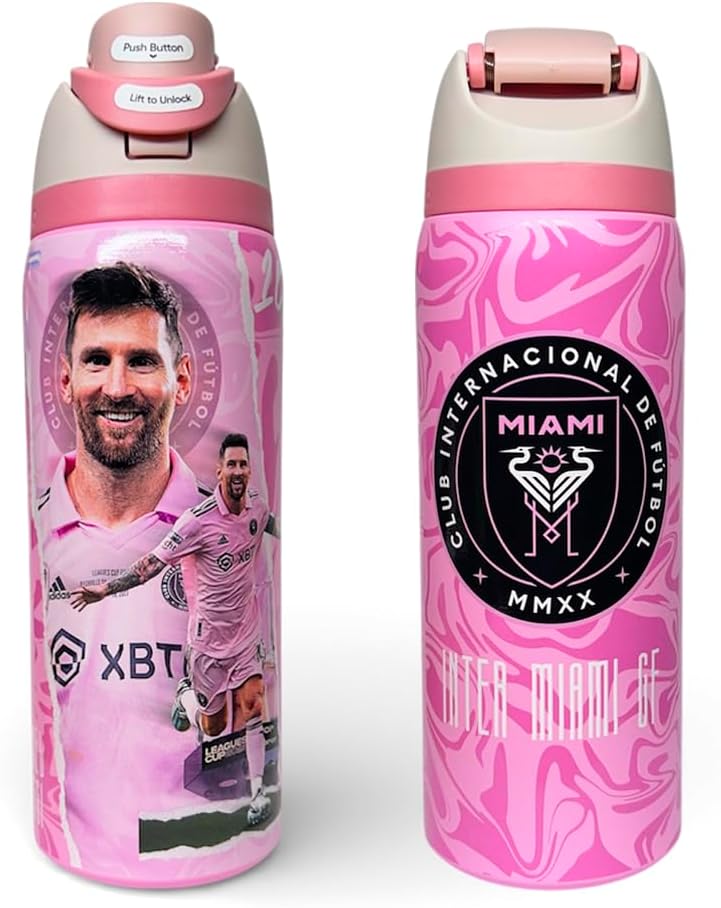 Genérico Termo PREMIUM Botella de Agua Deportiva Inter Club Miami, Rosa, con Imagen de Jugador, LM10, Termo Edicion Limitada, Coleccionable