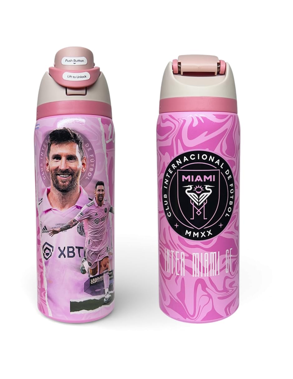Genérico Termo PREMIUM Botella de Agua Deportiva Inter Club Miami, Rosa, con Imagen de Jugador, LM10, Termo Edicion Limitada,